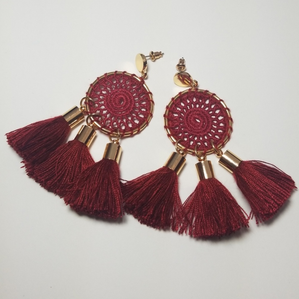 Maroon and Gold 3 Tassle  Dream Catcher Earrings